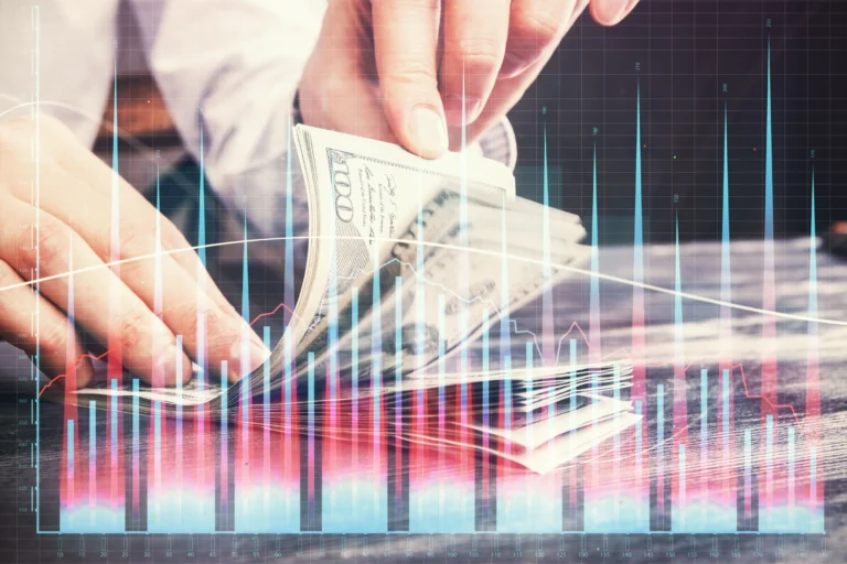 multi exposure forex graph drawing hologram usa dollars bills man hands technical analysis concept m