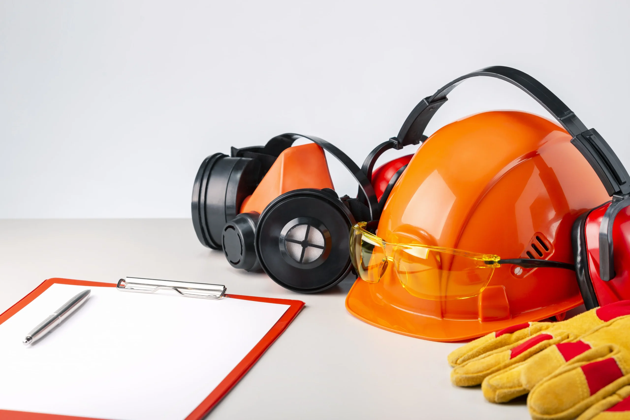 protective hard hat headphones gloves glasses clipboard gray surface construction safety min